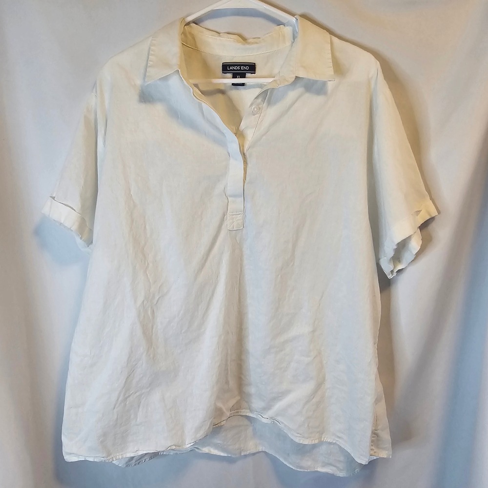 Lands' End Henley Top Womens XL 18 White Cotton‎ Linen Coastal Summer Beach